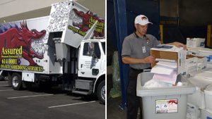 Mobile shredding truck beside a worker transferring paper