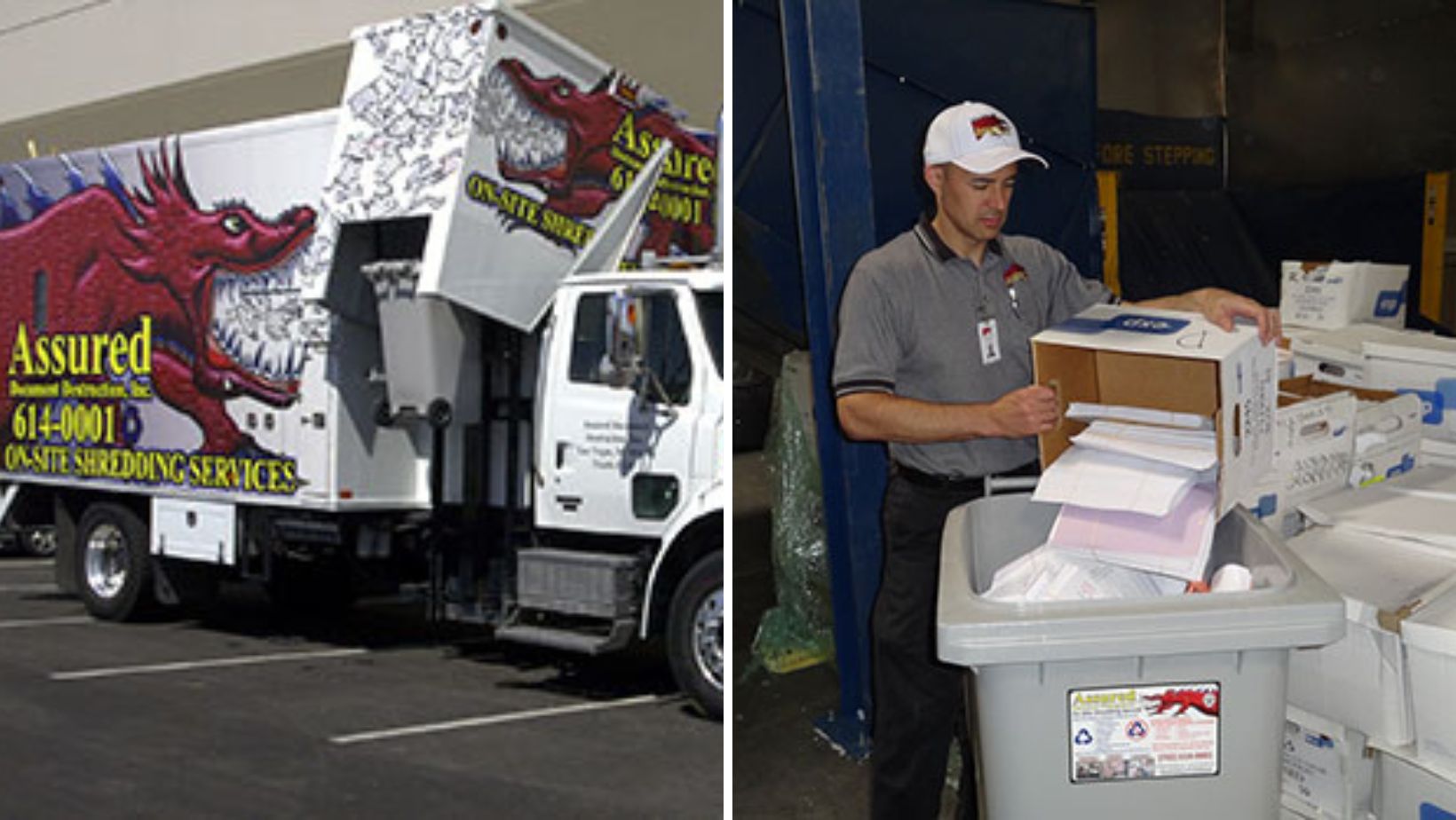 Mobile shredding truck beside a worker transferring paper